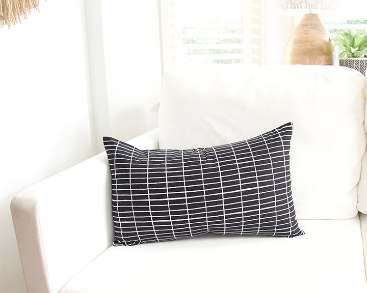 Black Linen Lumbar Pillow Case with Printed White Grid - 14x22