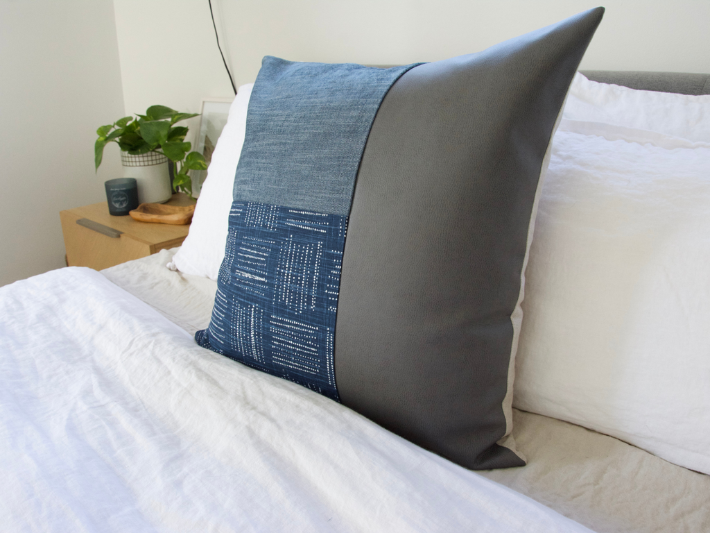 Mixed: Spotted Italian Denim, Grey Faux Leather, and Blue Pillow Case - 22x22