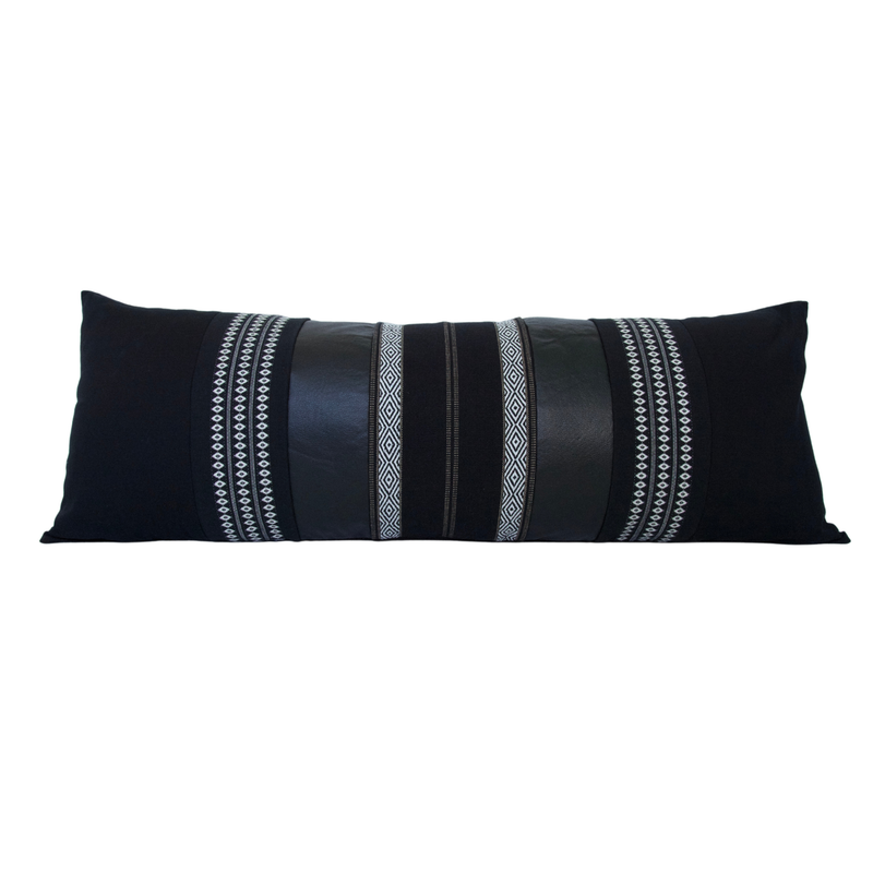 Mixed: Black Diamond & Southwest Stripes / Black Faux Leather Extra Long Lumbar Pillow Case #2 - 14x36 pillow