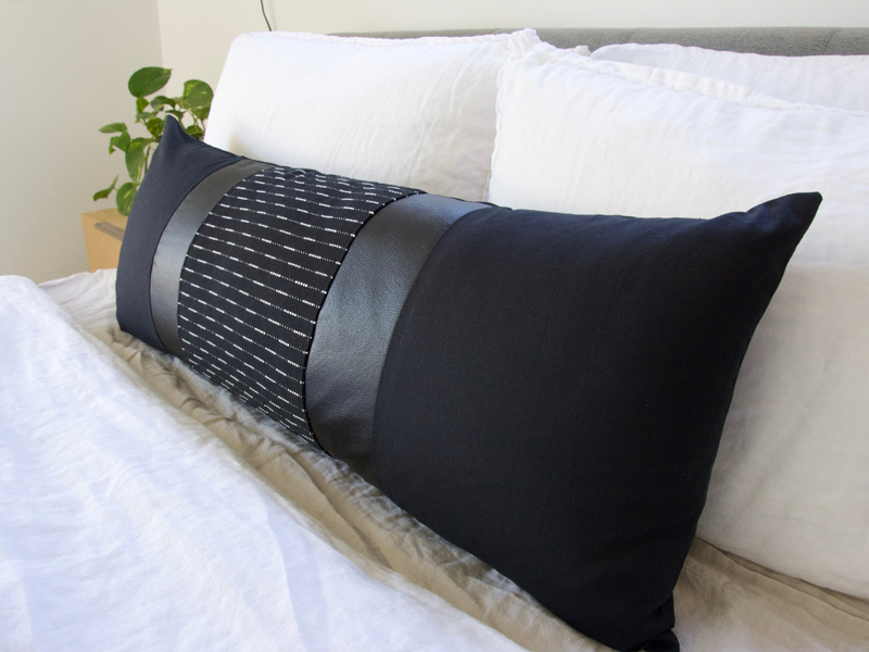 Mixed: Black Running Stitch / Black Faux Leather Extra Long Lumbar Pillow Case #1 - 14x36