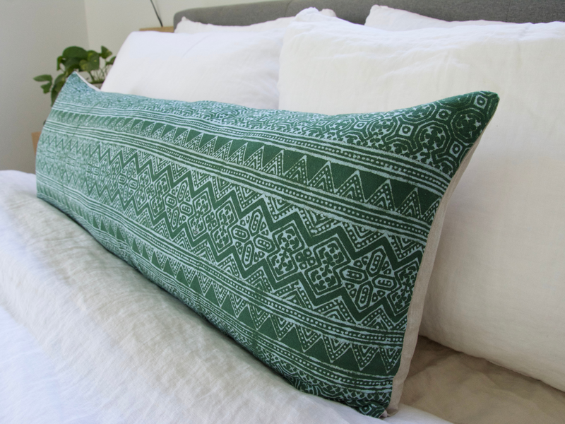 Batik Extra Long Lumbar Pillow Case - Green & Baby Blue #1 - 14x36