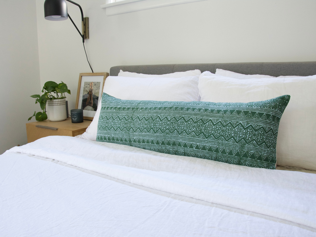 Batik Extra Long Lumbar Pillow Case - Green & Baby Blue #1 - 14x36