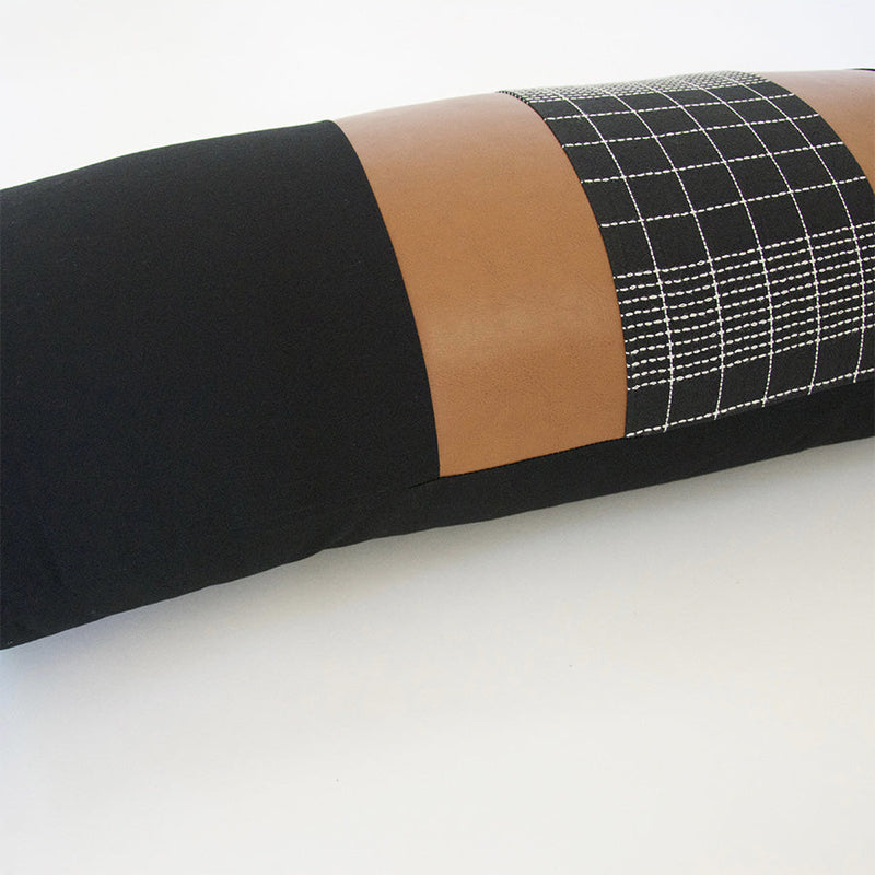 Mix & Match: Black Grid / Faux Leather Extra Long Lumbar Pillow - 14x36