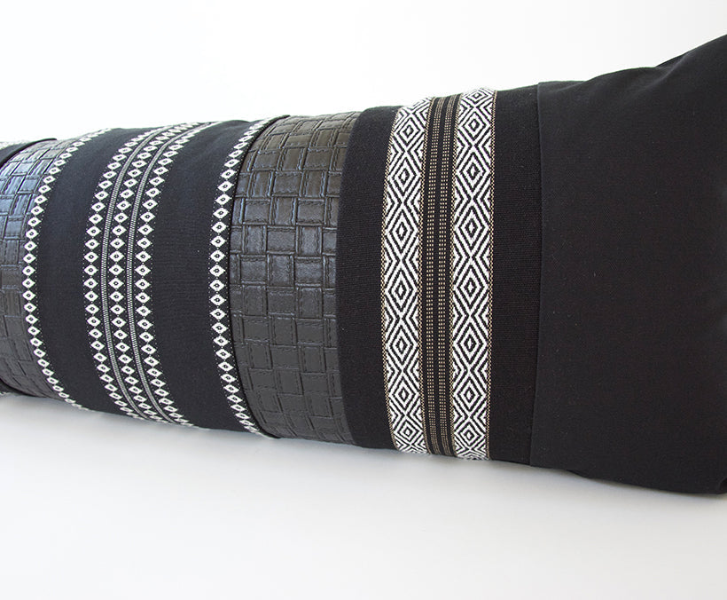 Mixed: Black Diamond & Southwest Stripes / Black Faux Leather Extra Long Lumbar Pillow - 14x36