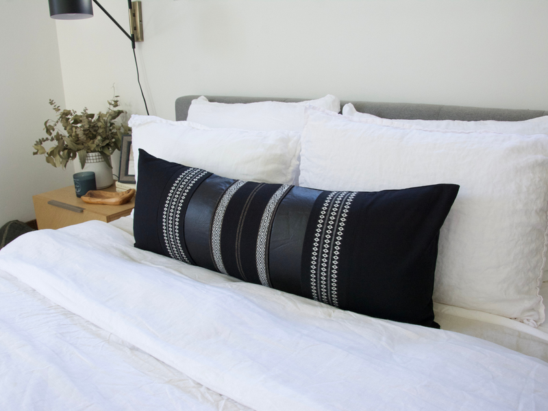 Mixed: Black Diamond & Southwest Stripes / Black Faux Leather Extra Long Lumbar Pillow Case #2 - 14x36