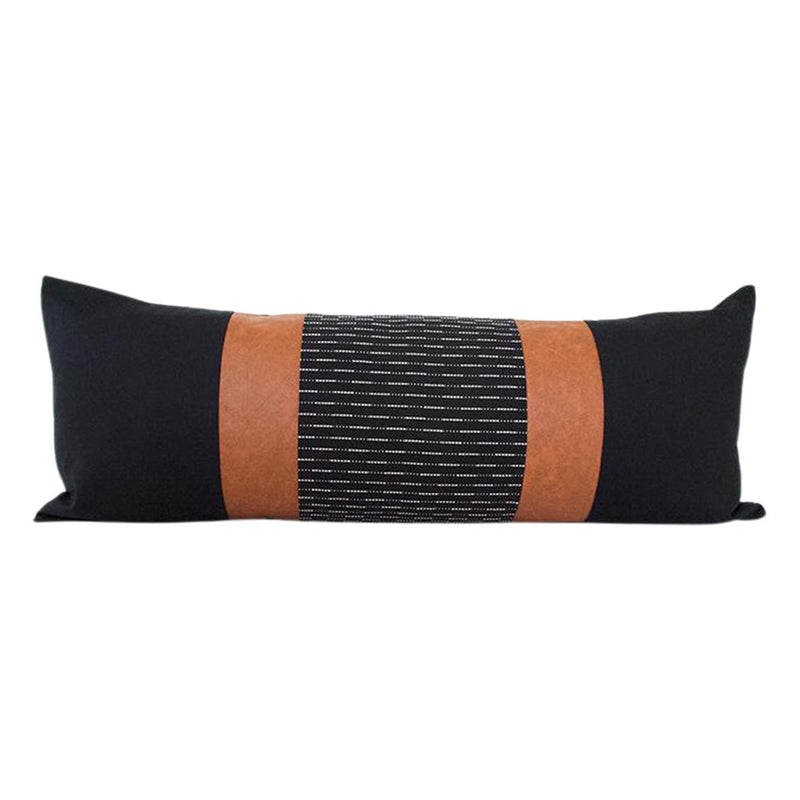 Mixed: Black Running Stitch / Faux Leather Extra Long Lumbar Pillow Case - 14x36
