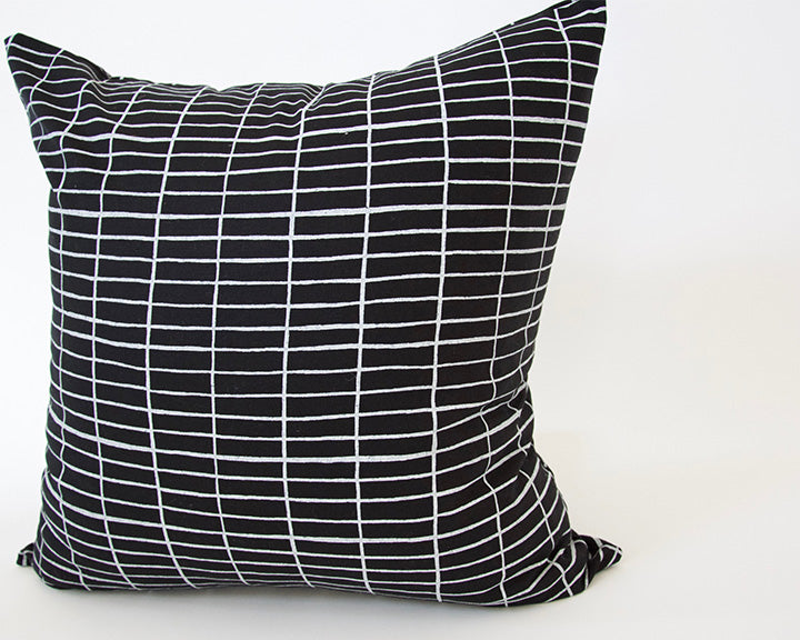 Black Linen Accent Pillow Case with Printed White Grid - 22x22