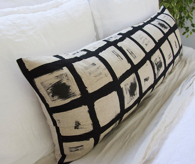 Black & White Woodblock Extra Long Lumbar Pillow Case - 14x36