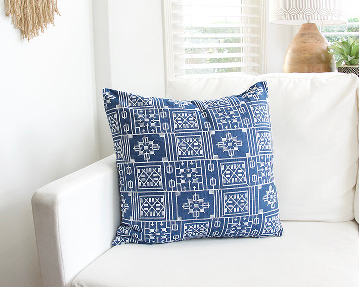 Blue Geometric Embroidered Accent Pillow Case - 20x20 (FINAL SALE)