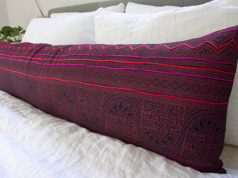 Bright Pink Hmong Extra Long Lumbar Pillow Case - 14x50