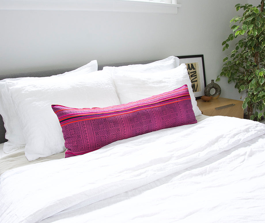 Bright Pink Hmong Extra Long Lumbar Pillow #1 - 14x36