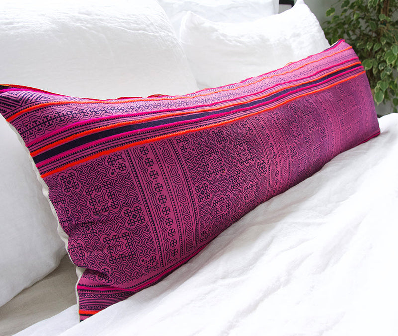 Bright Pink Hmong Extra Long Lumbar Pillow #1 - 14x36