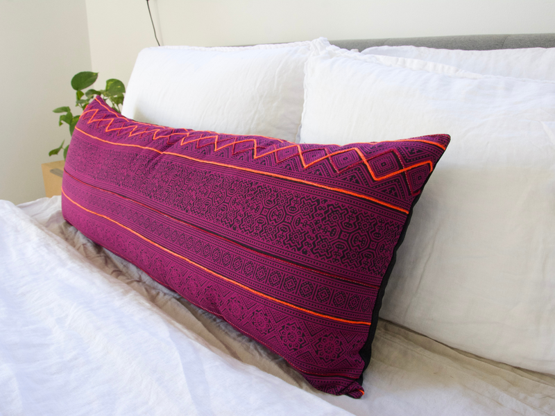 Bright Pink Hmong Extra Long Lumbar Pillow Case #5 - 14x36
