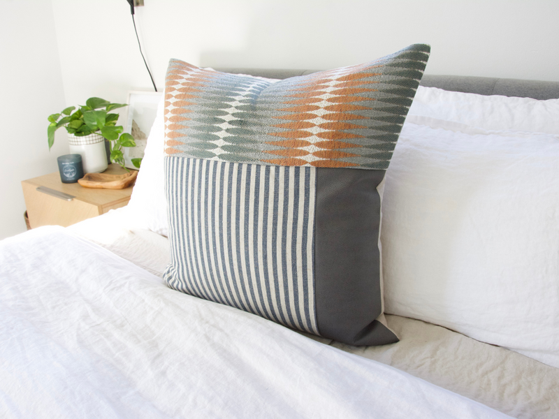Mixed: Elton, Faux Grey Leather & Blue Stripe Pillow Case - 22x22