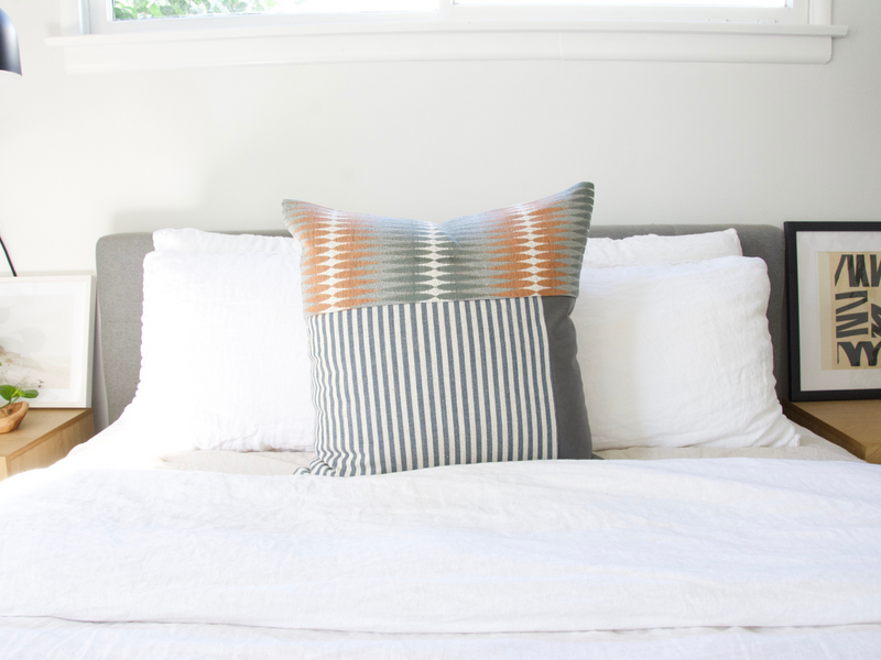 Mixed: Elton, Faux Grey Leather & Blue Stripe Pillow Case - 22x22