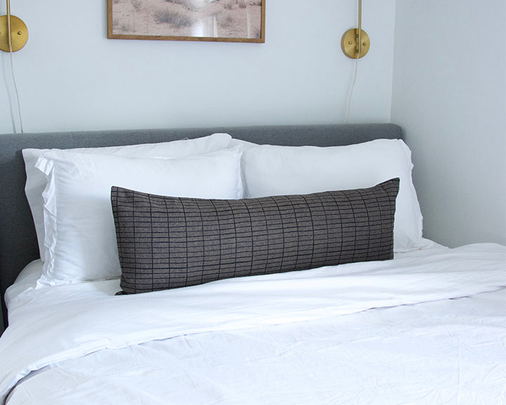 Espresso Extra Long Lumbar Pillow with Printed Black Grid Case - 14x36