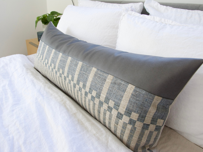 Mixed: Faux Grey Leather & Striped Bluesmoke Extra Long Lumbar Pillow Case - 14x36