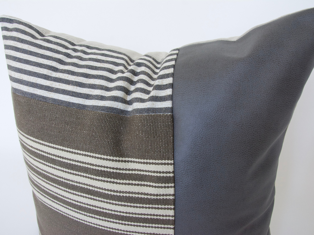 Mixed: Grey Faux Leather, and Grey Stripes Pillow Case - 22x22