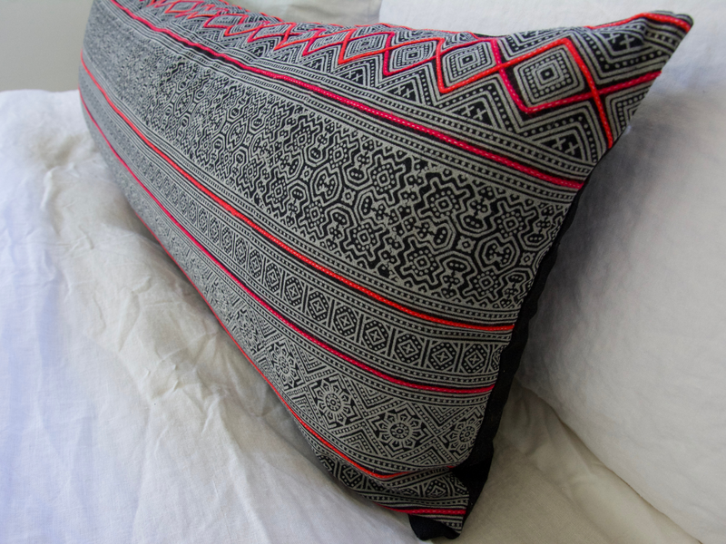Hmong Extra Long Lumbar Pillow - Black With Pink Stitching - 14x36