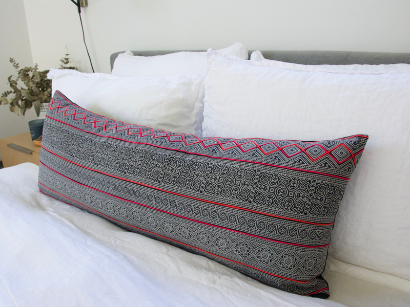 Hmong Extra Long Lumbar Pillow - Black With Pink Stitching - 14x36