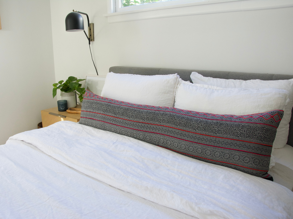 Hmong Extra Long Lumbar Pillow Case - Black With Pink Stitching - 14x50