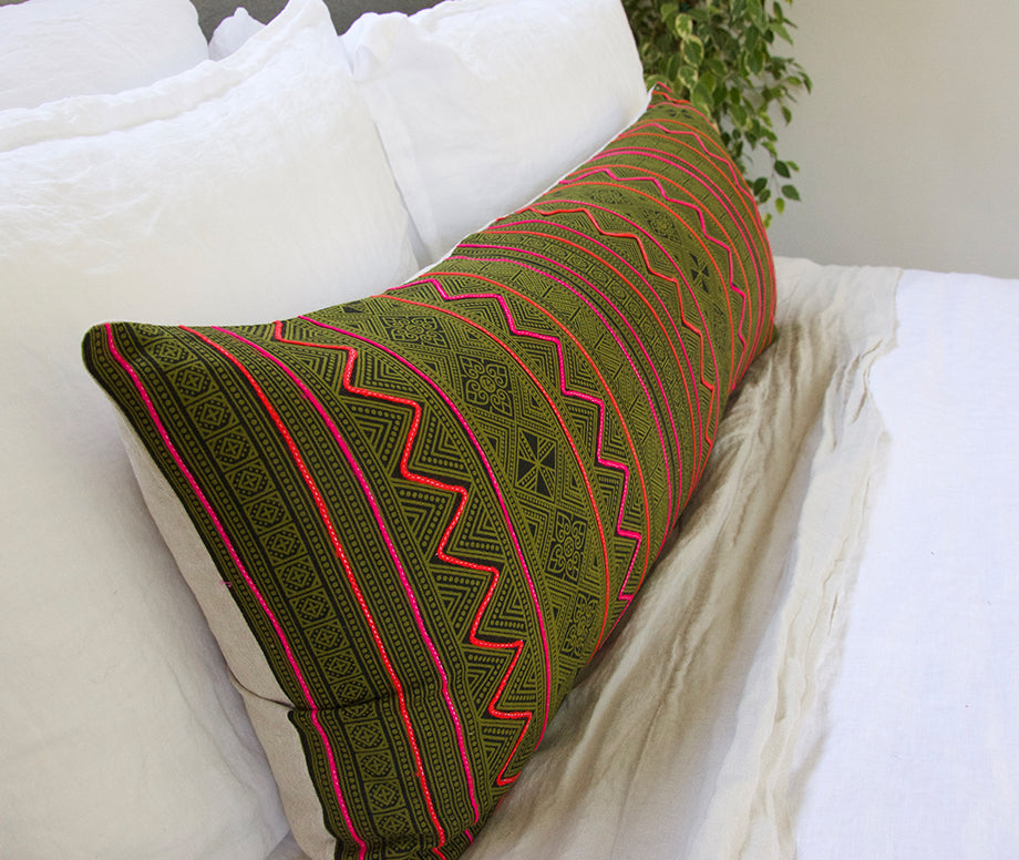 Hmong Green, Pink and Orange Extra Long Lumbar Pillow Case - 14x36