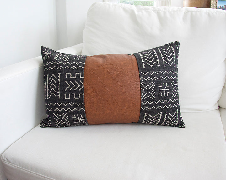 Mix & Match: Black Tribal / Faux Leather Patchwork Pillow - 14x22
