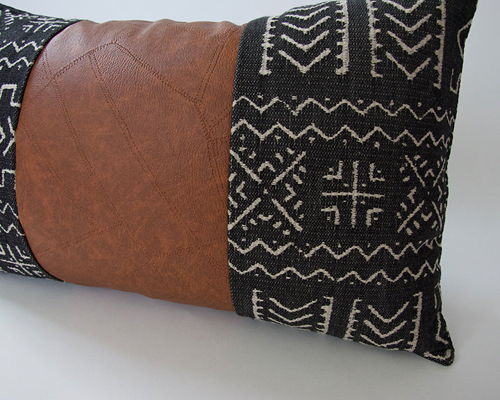 Mix & Match: Black Tribal / Faux Leather Patchwork Pillow - 14x22