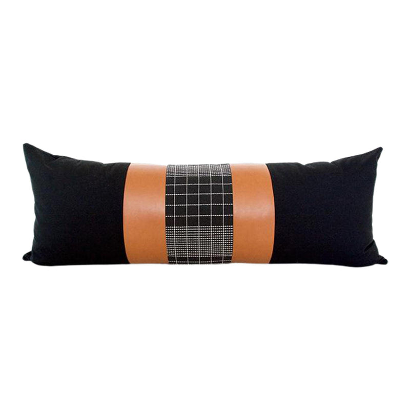 Mix & Match: Black Grid / Faux Leather Extra Long Lumbar Pillow - 14x36 pillow