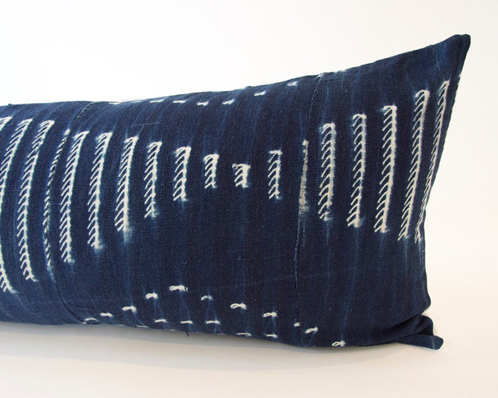 Indigo African Mud Cloth Extra Long Lumbar Pillow - 14x36 #40