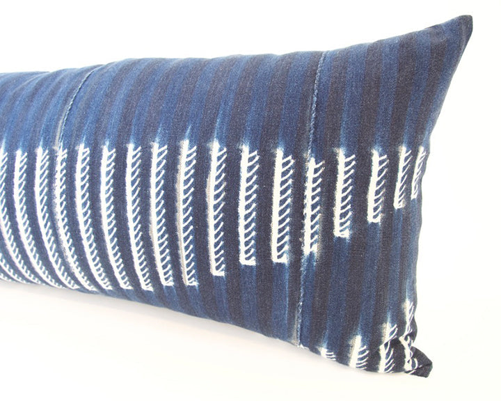Indigo African Mud Cloth Extra Long Lumbar Pillow - 14x36 #42