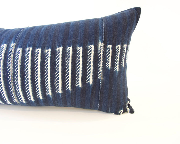 Indigo African Mud Cloth Extra Long Lumbar Pillow - 14x36 #43