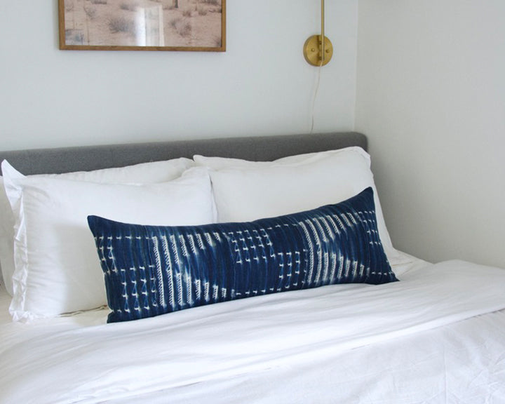 Indigo African Mud Cloth Extra Long Lumbar Pillow - 14x36 #44