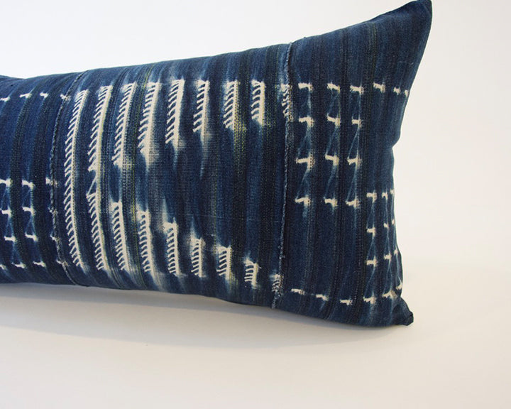 Indigo African Mud Cloth Extra Long Lumbar Pillow - 14x36 #44