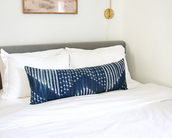 Indigo African Mud Cloth Extra Long Lumbar Pillow - 14x36 #45