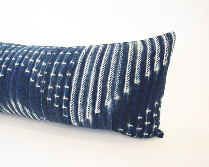 Indigo African Mud Cloth Extra Long Lumbar Pillow - 14x36 #45