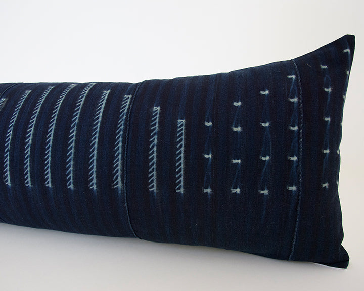 Indigo African Mud Cloth Extra Long Lumbar Pillow - 14x36 #56