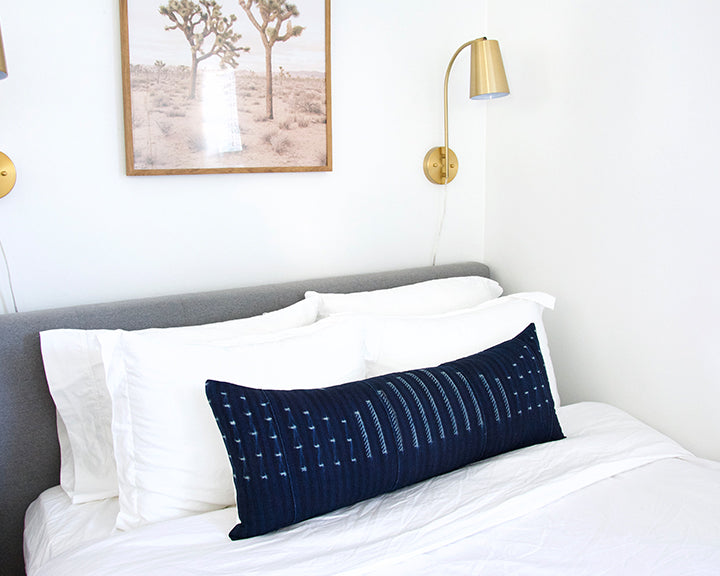 Indigo African Mud Cloth Extra Long Lumbar Pillow - 14x36 #56