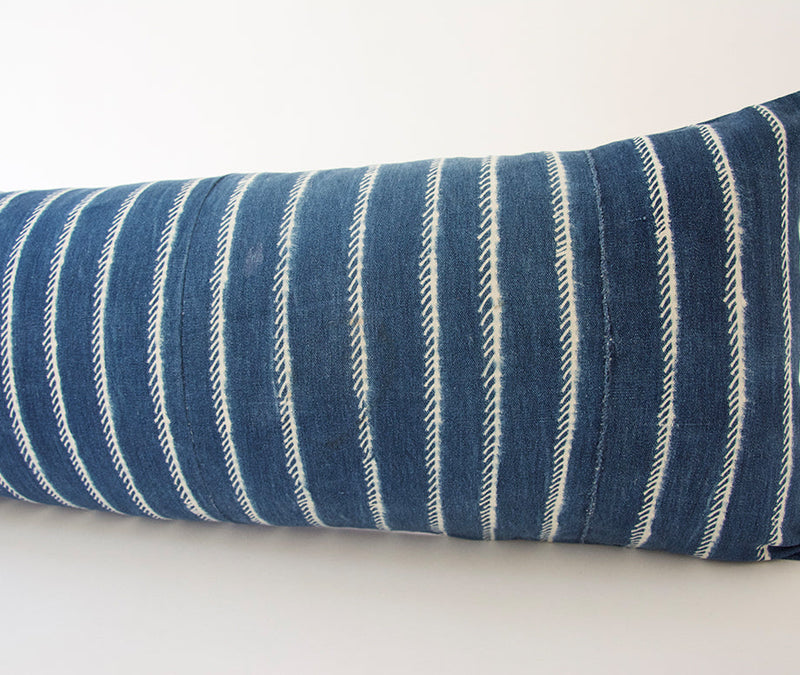 Indigo African Mud Cloth Extra Long Lumbar Pillow - 14x36 #63