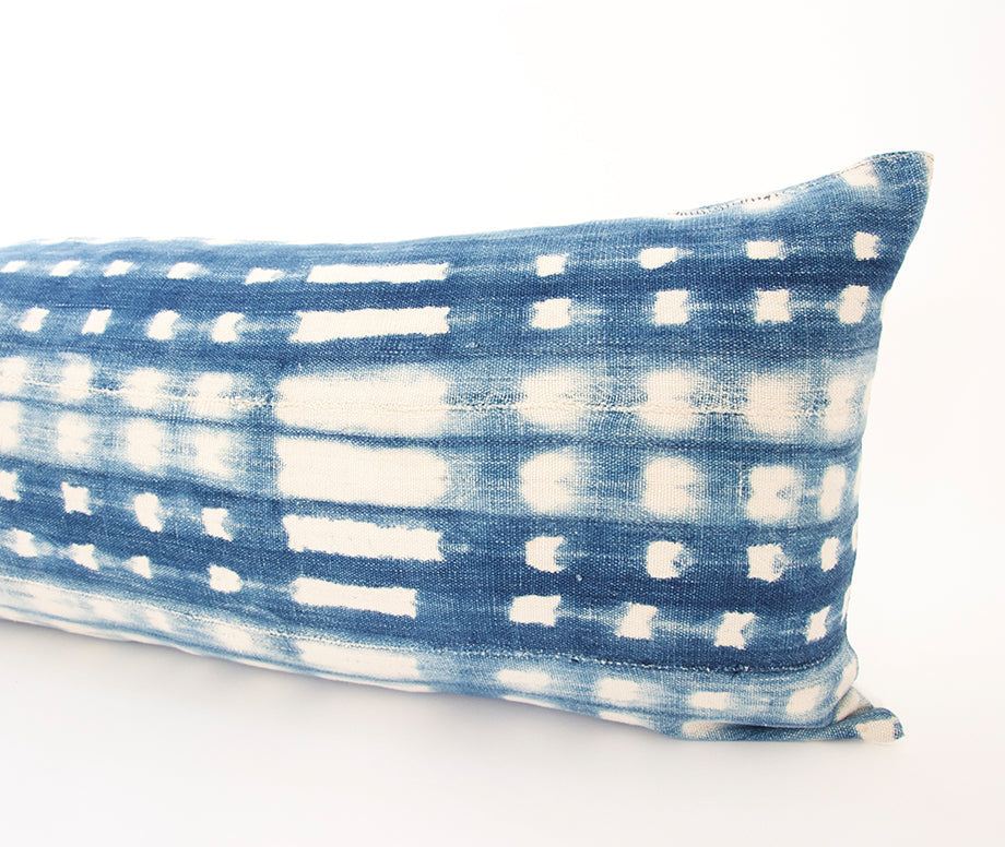Indigo African Mud Cloth Extra Long Lumbar Pillow - 14x36 #64