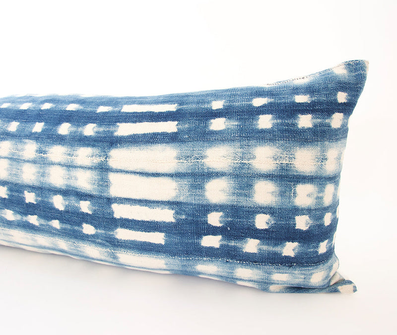 Indigo African Mud Cloth Extra Long Lumbar Pillow - 14x36 #64