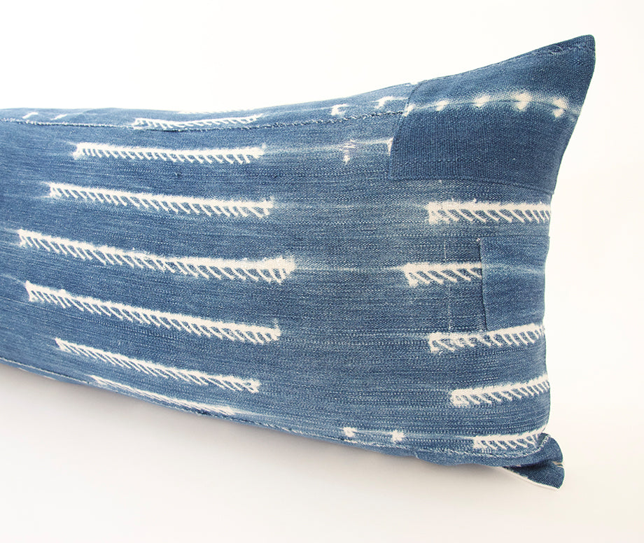 Indigo African Mud Cloth Extra Long Lumbar Pillow - 14x36 #67