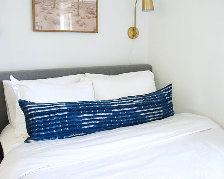 Indigo African Mud Cloth Extra Long Lumbar Pillow - 14x50 #18