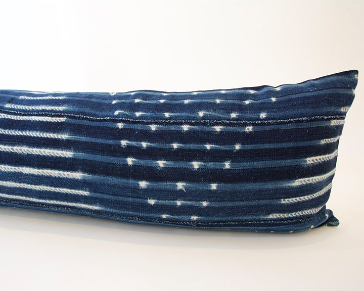 Indigo African Mud Cloth Extra Long Lumbar Pillow - 14x50 #19