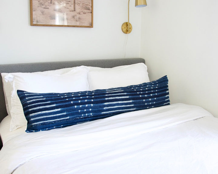 Indigo African Mud Cloth Extra Long Lumbar Pillow - 14x50 #19