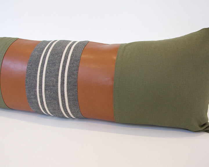 Mix & Match: Army Green & Dark Grey Stripe / Faux Leather Extra Long Lumbar Pillow - 14x36