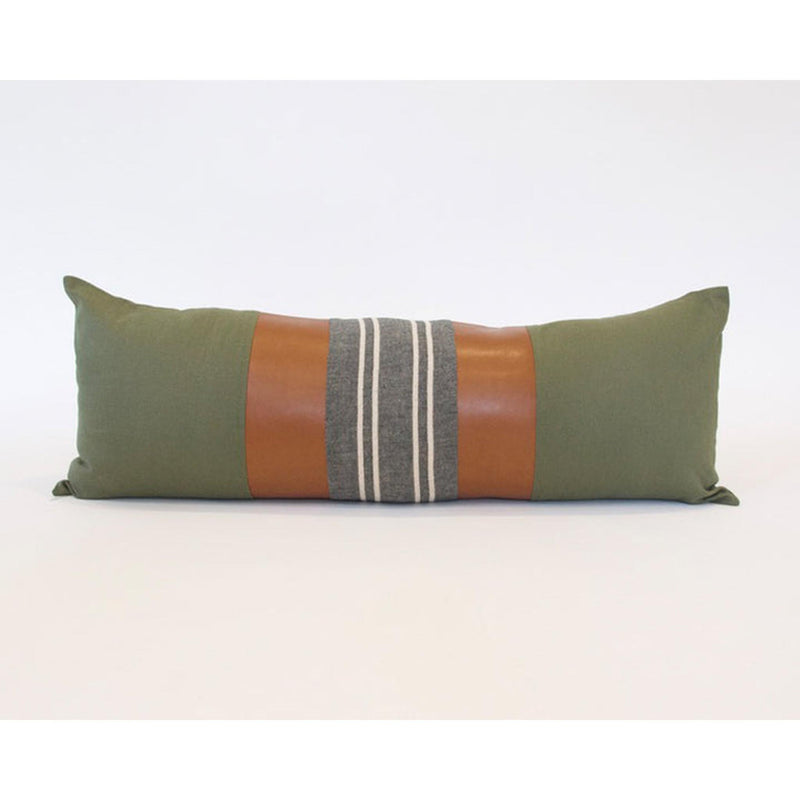 Mix & Match: Army Green & Dark Grey Stripe / Faux Leather Extra Long Lumbar Pillow - 14x36 pillow