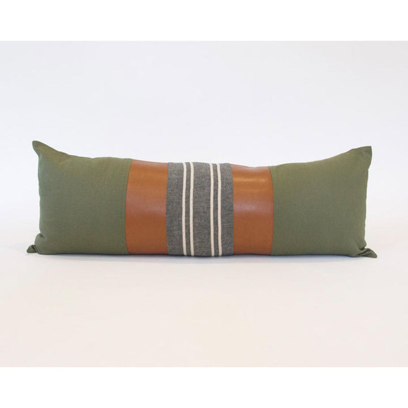 Mix & Match: Army Green & Dark Grey Stripe / Faux Leather Extra Long Lumbar Pillow - 14x36