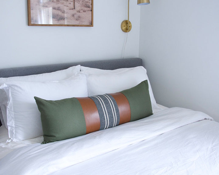 Mix & Match: Army Green & Dark Grey Stripe / Faux Leather Extra Long Lumbar Pillow - 14x36