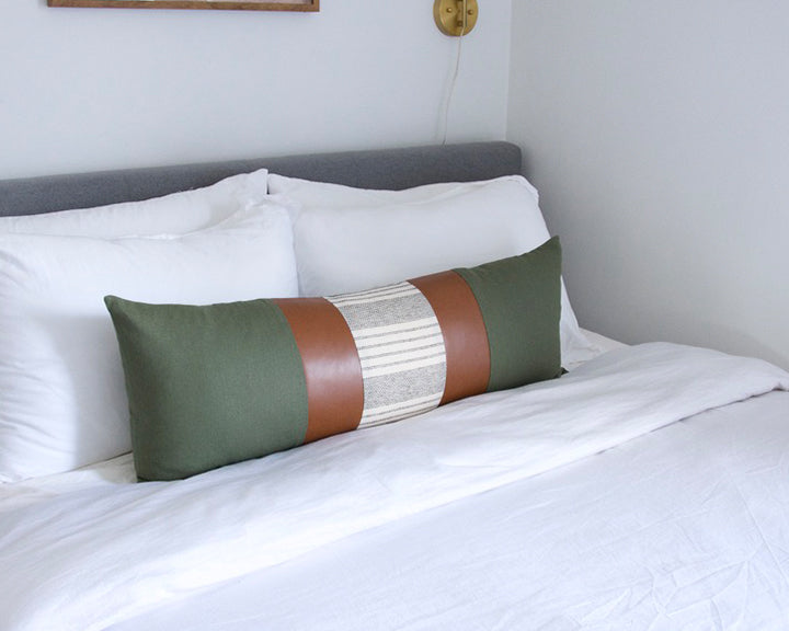 Mix & Match: Army Green & White Stripe / Faux Leather Extra Long Lumbar Pillow - 14x36